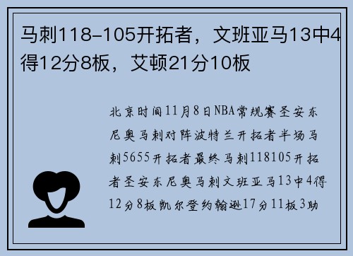 马刺118-105开拓者，文班亚马13中4得12分8板，艾顿21分10板